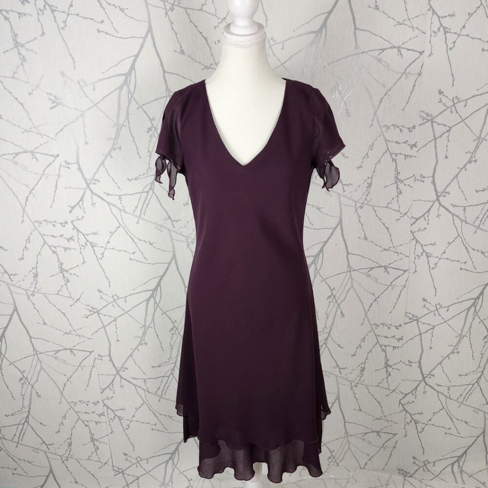 Jolibel Dark Purple Crepe Flowy Flutter Hem Streamline Y2K Midi Dress